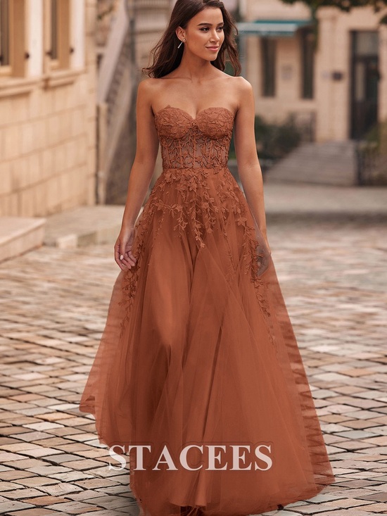Stacees Dresses & Skirts - Strapless Sweetheart Lace Applique Evening Gown in Rust Brown